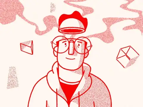 Red line drawing of a man whose head opens like a jar, thoughts drifting out, animated