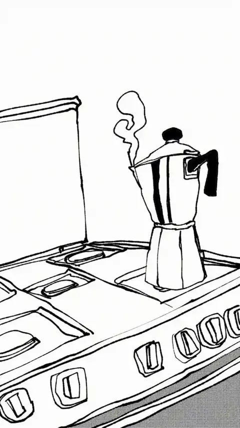 Ink sketch of a moka pot steaming on a stove, the smoke drifting, animated